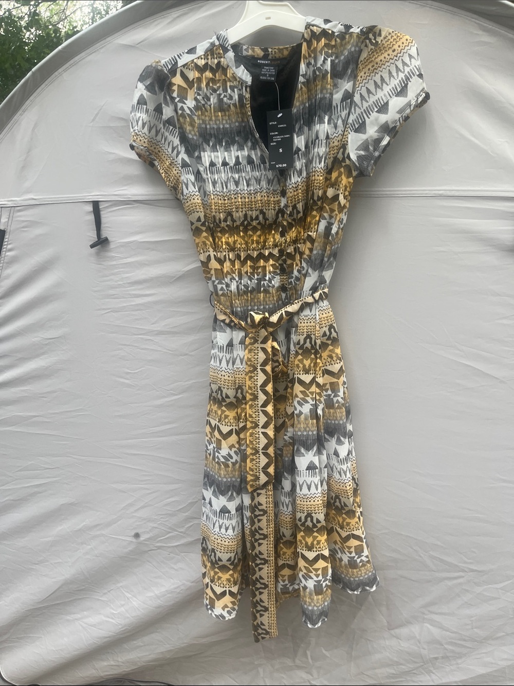 Robert Louis Yellow and Gray Geometric Print Midi Dress with Tie Waist